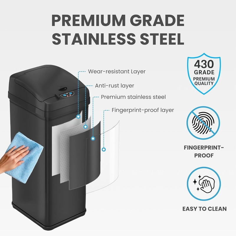 iTouchless 13 Gallon Kitchen Trash Can with Odor Filter, Automatic Motion Sensor Bin, Soft-Close Stainless Steel, Slim Wastebasket for Narrow Spaces, Matte Black - Image 5